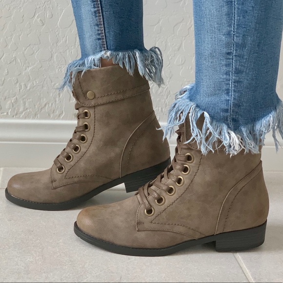 Taupe Fold Over Cuffed Lace Up Combat Boots - Picture 3 of 8